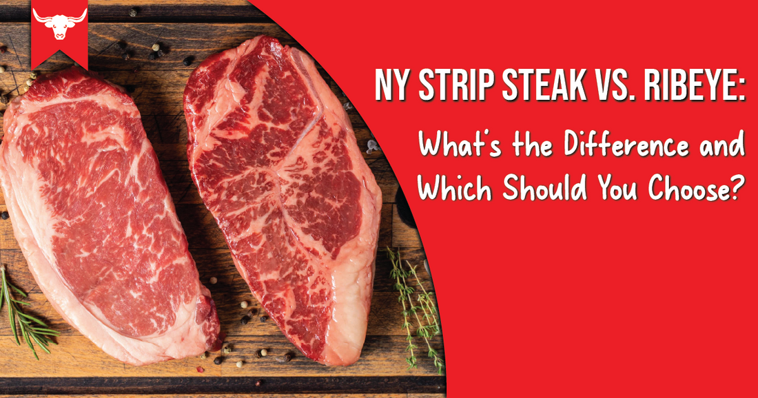 NY strip steak and ribeye side by side on a wooden board with text comparing the two.