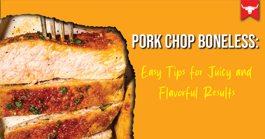 Close-up of a succulent golden-brown boneless pork chop seasoned with seasoning and herbs and partially cut with a fork. Text over an orange background reads 'PORK CHOP BONELESS: Easy Tips for Juicy and Flavorful Results.'