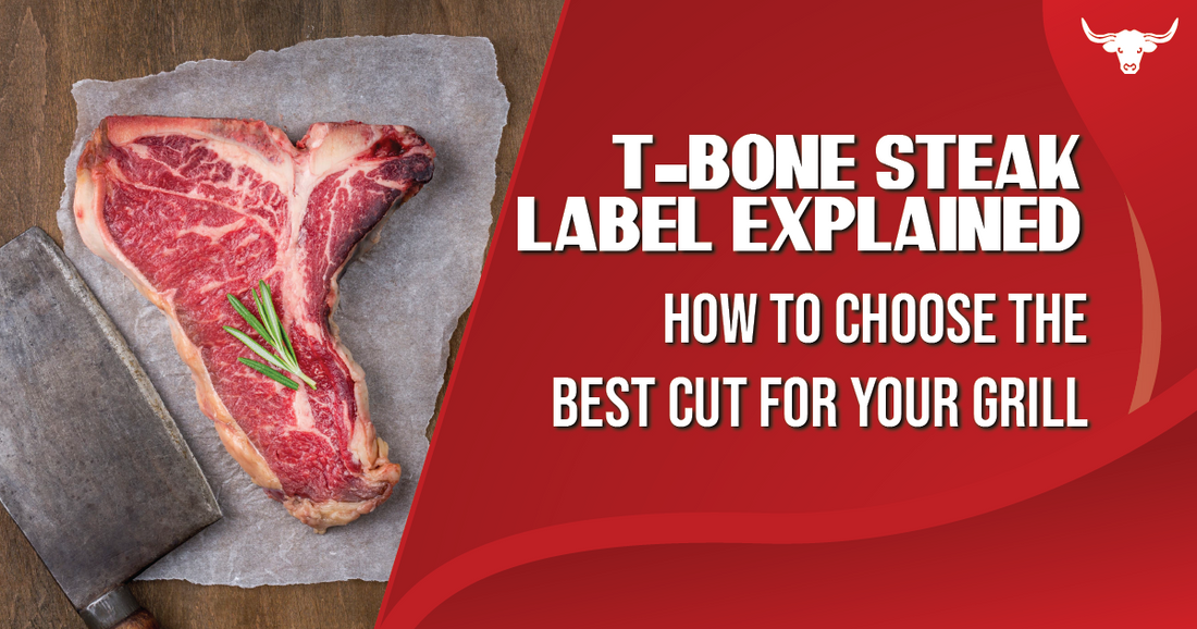 Raw T-bone steak on parchment paper with a cleaver, alongside bold text explaining steak labels and how to choose the best cut for grilling.