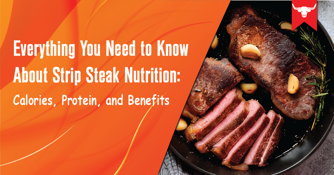 Cooked strip steak with garlic and rosemary, alongside text about strip steak nutrition