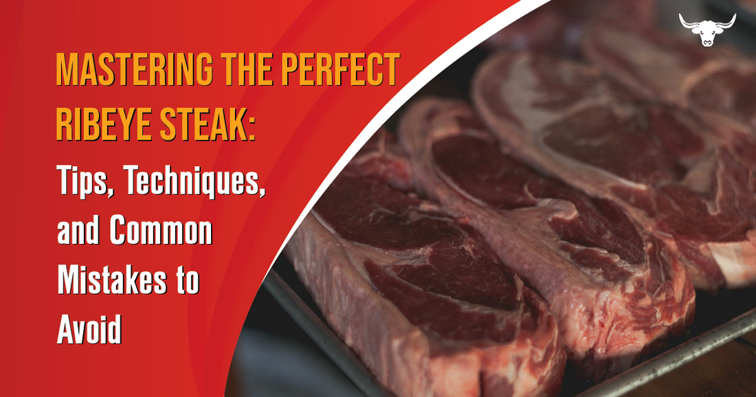 Raw ribeye steaks with a red and gold text overlay: 'Mastering the Perfect Ribeye Steak: Tips, Techniques, and Common Mistakes to Avoid.